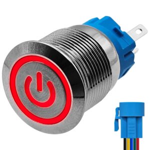 ProRide Metalen Pulsschakelaar 12V OFF-(ON) - 19mm - Momentschakelaar met Aansluitkabel - Spatwaterdicht - 12V/24V - LED Indicatie Rood