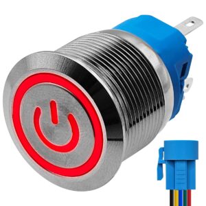 ProRide Metalen Pulsschakelaar 12V OFF-(ON) - 22mm - Momentschakelaar met Aansluitkabel - Spatwaterdicht - 12V/24V - LED Indicatie Rood