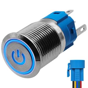 ProRide Metalen Drukschakelaar 220V ON-OFF met Aansluitkabel - 16mm - Aan/uit schakelaar - Spatwaterdicht - LED Indicatie Blauw