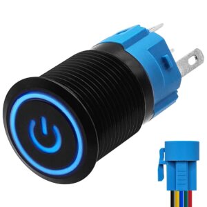 ProRide Metalen Drukschakelaar 220V ON-OFF met Aansluitkabel - 16mm - Aan/uit schakelaar - Spatwaterdicht - LED Indicatie Blauw