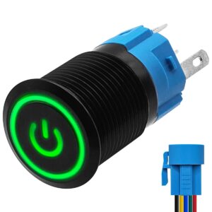 ProRide Metalen Pulsschakelaar 220V OFF-(ON) - 16mm - Momentschakelaar met Aansluitkabel - Spatwaterdicht - LED Indicatie Groen
