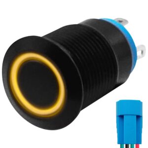 ProRide Metalen Pulsschakelaar 12V OFF-(ON) - 12mm - Momentschakelaar met Aansluitkabel - Spatwaterdicht - 12V/24V - LED Indicatie Geel
