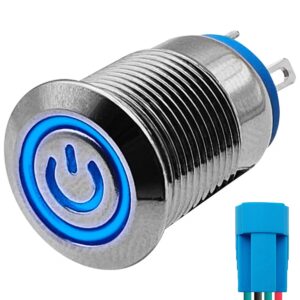 ProRide Metalen Drukschakelaar 220V ON-OFF - 12mm - Aan/uit schakelaar met Aansluitkabel - Spatwaterdicht - LED Indicatie Blauw