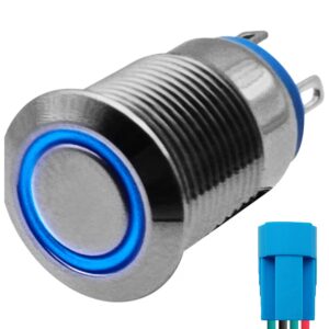 ProRide Metalen Drukschakelaar 12V ON-OFF - 12mm - Aan/uit schakelaar met Aansluitkabel - Spatwaterdicht - 12V/24V - LED Indicatie Blauw