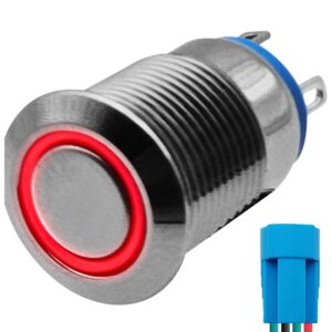 ProRide Metalen Pulsschakelaar 220V OFF-(ON) - 12mm - Momentschakelaar met Aansluitkabel - Spatwaterdicht - LED Indicatie Rood