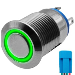 ProRide Metalen Pulsschakelaar 220V OFF-(ON) - 12mm - Momentschakelaar met Aansluitkabel - Spatwaterdicht - LED Indicatie Groen