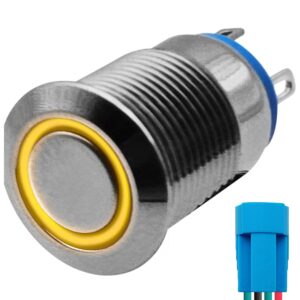 ProRide Metalen Pulsschakelaar 12V OFF-(ON) - 12mm - Momentschakelaar met Aansluitkabel - Spatwaterdicht - 12V/24V - LED Indicatie Geel
