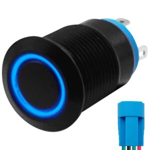 ProRide Metalen Drukschakelaar 12V ON-OFF - 12mm - Aan/uit schakelaar met Aansluitkabel - Spatwaterdicht - 12V/24V - LED Indicatie Blauw