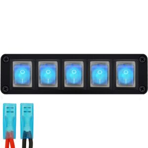 ProRide Wipschakelaar ON-OFF KCD4 - 2 Polig - 250V/16A - Inbouwpaneel 5-voudig - Met kabel en kapje - Blauw indicatielampje