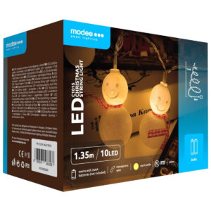 Modee Lichtsnoer Kerstballen Sneeuwmannen 1.35 Meter - Kerstverlichting voor Binnen - Inclusief 3xAA Batterijen - 10 LED Lampjes IP20 - 2700K - Warm Wit Licht - 5 stuks
