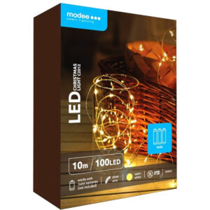 Modee Lichtsnoer Kerst 10 Meter - Kerstverlichting voor Binnen - Inclusief 3xAA Batterijen - 100 LED Lampjes IP20 - 3000K - Warm Wit Licht - 5 stuks