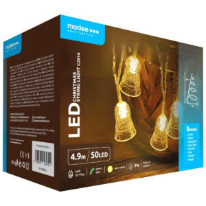 Modee Lichtsnoer Kerstklokjes 4.9 Meter - Kerstverlichting voor Buiten en Binnen - 50 LED Lampjes 8 Lichtstanden - IP44 - 2700K - Warm Wit Licht - 5 stuks