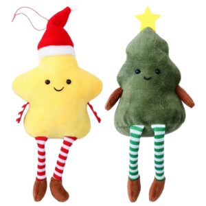 Kerst knuffelhangers set - ster en kerstboom met bungelende benen van polyester - 10x5x20cm - vrolijke hangdecoratie voor kerst