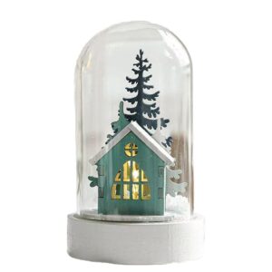 Glazen kerst stolp - 11.5x7.5cm - Met kersthuisje en boom, verlichting op meegeleverde batterij
