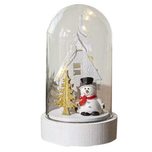 Glazen kerst stolp - 13x7cm - Met huisje, sneeuwpop en boom, verlichting op meegeleverde batterij