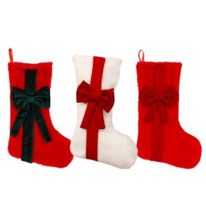 Set van 3 pluche kerstsokken - 19×27×45cm - rode kerstkousen met strik - ideaal voor haard en kerstdecoratie