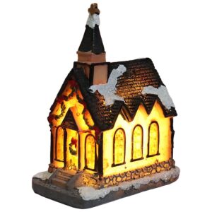 Verlicht kerstdorphuisje kerk - 4×6.5×9cm - polyresin miniatuur met warm licht - met meegeleverde batterij - sfeervolle kerstdorp decoratie voor tafel of vensterbank
