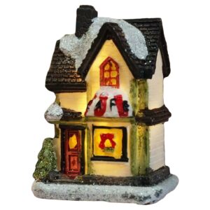 Verlicht kerstdorphuisje - 4×6.5×9cm - polyresin miniatuur met warm licht - met meegeleverde batterij - sfeervolle kerstdorp decoratie voor tafel of vensterbank