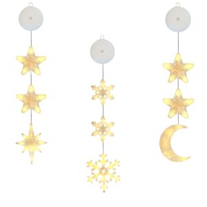 Kerstverlichting Raam Maan, Noorderster, Sneeuwvlokken - 73-82cm - Inclusief Batterijen - Kerstversiering met Zuignap - Warm Wit