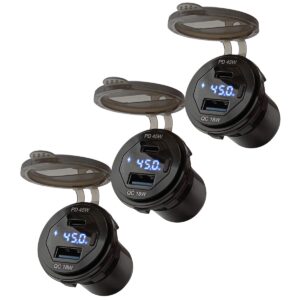 ProRide 12V USB-C Wandcontactdoos Inbouw - 45W - USB-A en USB-C - Schakelaar - Wattagemeter - QC3.0 - Blauw - Voor 3 stuks