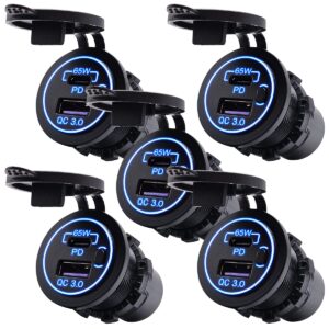 ProRide 12V USB-C Wandcontactdoos Inbouw - 65W - USB-A en USB-C - Schakelaar - QC3.0 - Blauw - Voor 5 stuks