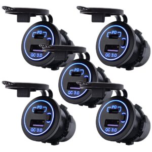 ProRide 12V USB-C Wandcontactdoos Inbouw - USB-A en USB-C - Schakelaar - QC3.0 - Blauw - Voor Auto Boot en Camper - 5 stuks
