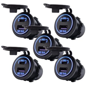 ProRide 12V USB-C Wandcontactdoos Inbouw - USB-A en USB-C - 2 Poorten - QC3.0 - Blauw - Voor Auto Boot en Camper - 5 stuks
