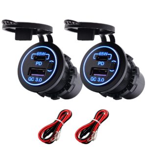 ProRide 12V USB-C Wandcontactdoos Inbouw - 65W - USB-A en USB-C - Schakelaar - QC3.0 - Blauw - Kabel en Zekering - 2 stuks