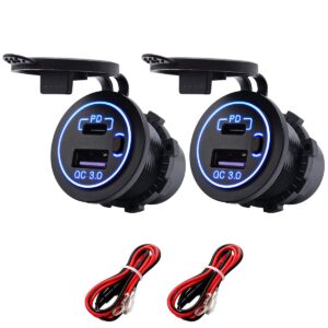ProRide 12V USB-C Wandcontactdoos Inbouw - USB-A en USB-C - Schakelaar - QC3.0 - Blauw - Kabel en Zekering - 2 stuks