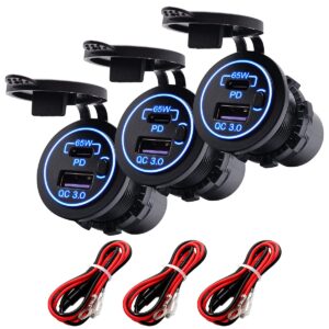 ProRide 12V USB-C Wandcontactdoos Inbouw - 65W - USB-A en USB-C - Schakelaar - QC3.0 - Blauw - Kabel en Zekering - 3 stuks