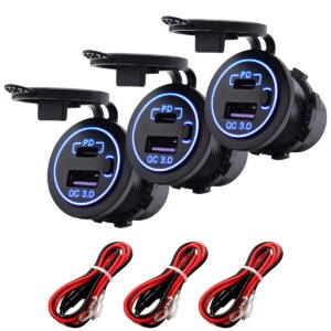 ProRide 12V USB-C Wandcontactdoos Inbouw - USB-A en USB-C - Schakelaar - QC3.0 - Blauw - Kabel en Zekering - 3 stuks