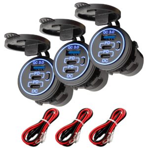 ProRide 12V USB-C Wandcontactdoos Inbouw - USB-A en USB-C - 3 Poorten - QC3.0 - Blauw - Kabel en Zekering - 3 stuks