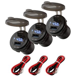 ProRide 12V USB-C Wandcontactdoos Inbouw - 45W - USB-A en USB-C - Wattagemeter - QC3.0 - Blauw - Kabel en Zekering - 3 stuks