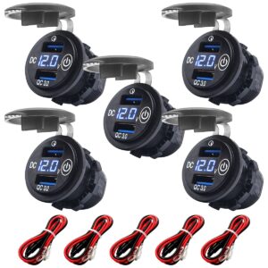 ProRide 12V USB Wandcontactdoos Inbouw - 2 USB Poorten - Voltmeter - QC3.0 - Blauw - Kabel en Zekering - 5 stuks