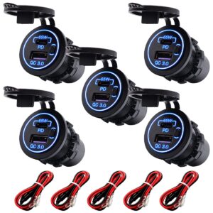 ProRide 12V USB-C Wandcontactdoos Inbouw - 65W - USB-A en USB-C - Schakelaar - QC3.0 - Blauw - Kabel en Zekering - 5 stuks