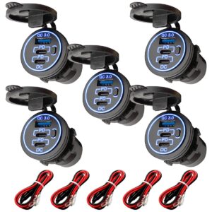 ProRide 12V USB-C Wandcontactdoos Inbouw - USB-A en USB-C - 3 Poorten - QC3.0 - Blauw - Kabel en Zekering - 5 stuks