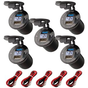ProRide 12V USB Wandcontactdoos Inbouw - 2 USB Poorten - Voltmeter - 5V/2.4A - Blauw - Kabel en Zekering - 5 stuks