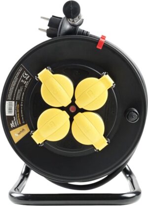 Technik Kabelhaspel 25 Meter - 4-Voudig - H07RN-F Industriele Kwaliteit - Haspel Verlengsnoer - Buiten en Binnen - 3x1.5mm - Zwart