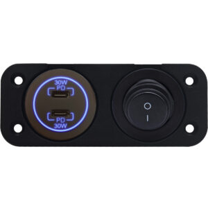 ProRide 12-24V USB C Autolader 2 Poorten Inbouw - 30W+30W - Tuimelschakelaar - Tweevoudig Paneel - Blauw