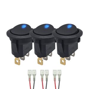 ProRide Wipschakelaar ON-OFF KCD2-12 - met Aansluitkabels - 3 pins - Rond - 12V/20A - LED indicator Blauw - 3 stuks