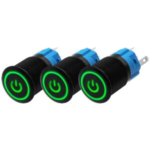 ProRide Drukschakelaar ON-OFF 12V/24V - 16mm Metaal - Waterdicht - LED Ring Groen - 3 stuks