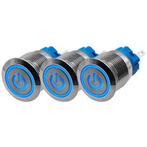 ProRide Drukschakelaar ON-OFF 12V/24V - 19mm Metaal - Waterdicht - LED Ring Blauw - 3 stuks