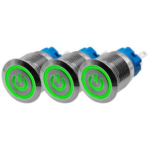 ProRide Drukschakelaar ON-OFF 12V/24V - 19mm Metaal - Waterdicht - LED Ring Groen - 3 stuks