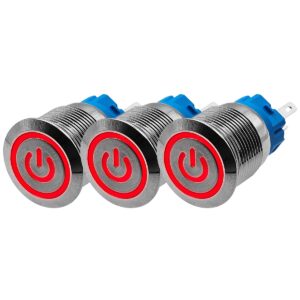 ProRide Drukschakelaar ON-OFF 12V/24V - 19mm Metaal - Waterdicht - LED Ring Rood - 3 stuks