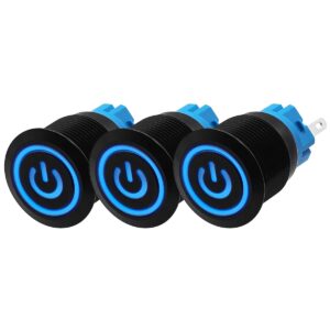 ProRide Drukschakelaar ON-OFF 220V - 19mm Metaal - Waterdicht - LED Ring Blauw - 3 stuks