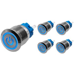 ProRide Drukschakelaar ON-OFF 12V/24V - 19mm Metaal - Waterdicht - LED Ring Blauw - 5 stuks