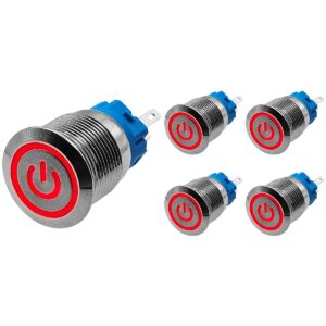 ProRide Drukschakelaar ON-OFF 12V/24V - 19mm Metaal - Waterdicht - LED Ring Rood - 5 stuks
