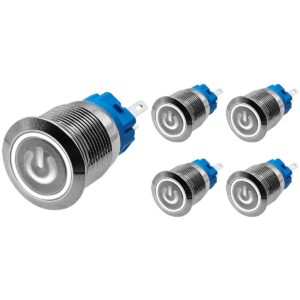ProRide Drukschakelaar ON-OFF 12V/24V - 19mm Metaal - Waterdicht - LED Ring Wit - 5 stuks