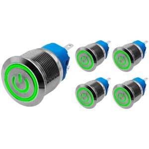 ProRide Drukschakelaar ON-OFF 220V - 22mm Metaal - Waterdicht - LED Ring Groen - 5 stuks