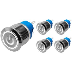 ProRide Drukschakelaar ON-OFF 220V - 22mm Metaal - Waterdicht - LED Ring Wit - 5 stuks